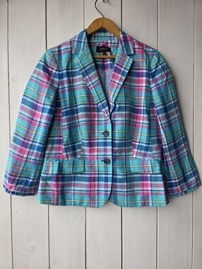 Talbots Madras Double Button Sunshine Blazer Plaid Preppy Buisness Casual Size 8